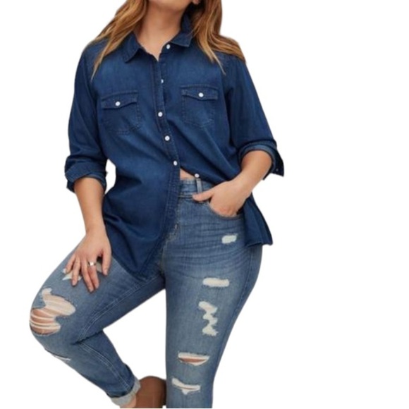 Torrid Taylor Medium Wash Denim Button Down Long Sleeve Shirt - Picture 2 of 6